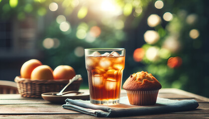 a glass of iced tea next to a fresh muffin, set on an outdoor garden table