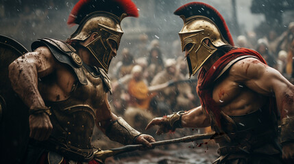 Rebellion and war in the Roman Empire, with helmeted and armored soldiers fighting against each other in the rain of a storm. Epic and historical scene of classical warfare - obrazy, fototapety, plakaty