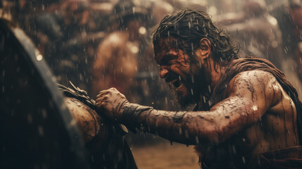 Rebellion of barbarian slaves fighting for their liberation against the Roman Empire in an epic cinematic scene under the rain. Freedom and glory in history.