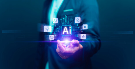 Human connection and artificial intelligence (Ai) concept, generate innovative futuristic new things together, artificial intelligence exchange smart creativity, robot brain and human connection.