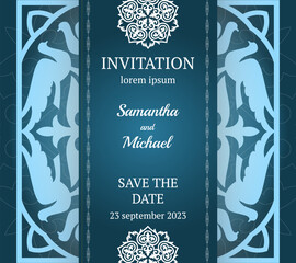 Vector luxury wedding invitation with mandala. Golden vintage greeting card on a white background. Blue abstract design elements. Great for invitation and greeting cards, packaging, flyer, wallpaper