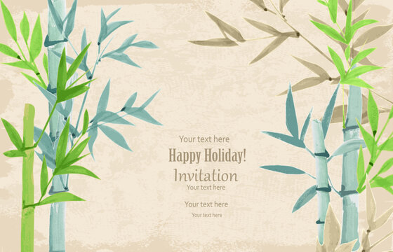 vintage card with frame of watercolor bamboo plants against beig