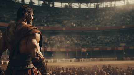 Muscular gladiator in the setting of a Roman circus within a colosseum at sunset, with the stands and arena filled with people. Wallpaper of a fighter ready for battle - obrazy, fototapety, plakaty
