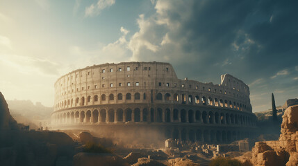 The Colosseum stands majestic amid ruins, bathed in the golden hue of sunset, clouds casting...