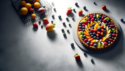 A diagonally framed shot of a colorful fruit tart