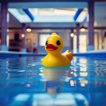 yellow rubber duck floating in an indoor pool
