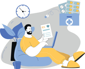 Buying prescription drugs online. Vector illustration of self-isolation at home. Man with prescription and pills