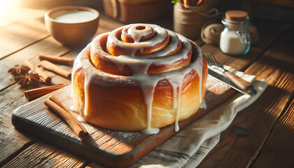 photo of a warm, freshly baked cinnamon roll with icing