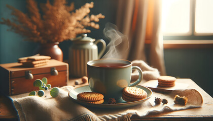 a mug of steaming tea with a few biscuits