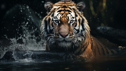 Fototapeta na wymiar A majestic tiger, with piercing eyes and wet fur, emerges from dark waters, creating a dramatic and intense atmosphere
