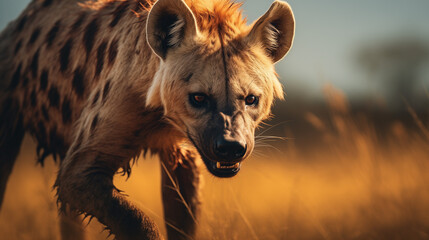 Close-up of a hyena stalking its prey at sunset with the golden hour light in the African savannah. Majestic scavenger of the wild fauna on the move