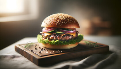 image of a gourmet burger on a wooden board