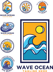 wave ocean sun and sea set icon logo template