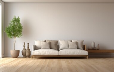 Wooden living room interior with sofa and vase on hardwood floor.