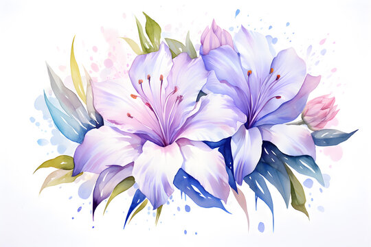 Water color Illustration of beautiful purple lilies on white background, for cards decoration, Generative AI 