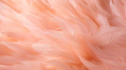 Close-up of Abstract Peach Fuzz color background with feathers, selective focus and copy space for text. Fashion, Trends of 2024 concepts.