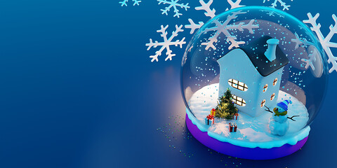 Christmas crystal ball 3d illustration. 3d realistic snowman, 
 a tiny house with skiing and tree in dark blue background for xmas decoration collection design. Space for text.