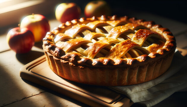 image of a classic apple pie with a golden crust,
