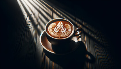 a cup of freshly brewed coffee with artistic latte art - obrazy, fototapety, plakaty