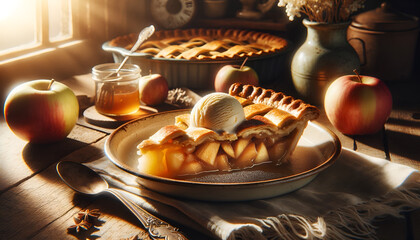 a slice of apple pie with a golden crust, served with a scoop of vanilla ice cream