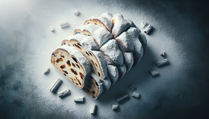Artistically composed image of stollen dusted with powdered sugar