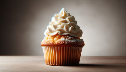 Close-up of a muffin topped with cream