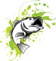 Illustration of a largemouth bass fish jumping done in cartoon style on isolated white background.