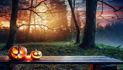 a spooky forest sunset with a haunted evil glowing eyes of jack o lanterns on the left of a wooden bench on a scary halloween night