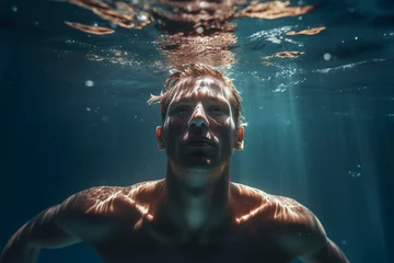 Foto op Plexiglas CloseUp   Mann taucht Unterwasser © stockmotion