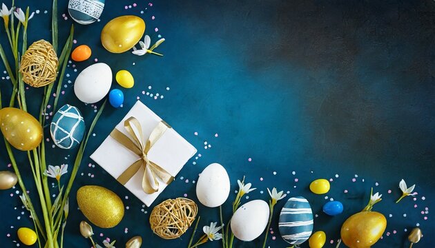 dark blue easter background template with easter eggs greetings and presents for easter day copy space generative ai