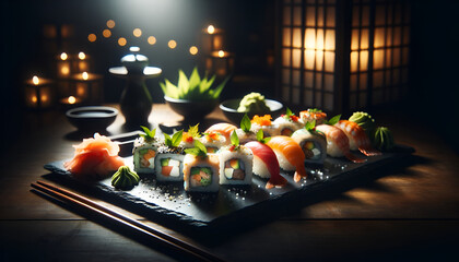 elegant display of sushi rolls on a dark slate plate