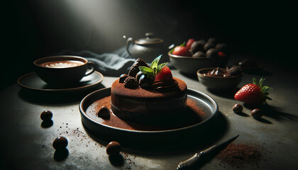 Dark and moody portrayal of a gourmet chocolate dessert