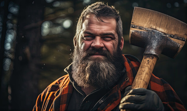 Portrait of viking style lumberjack with beard holding some axe in the amazing forest