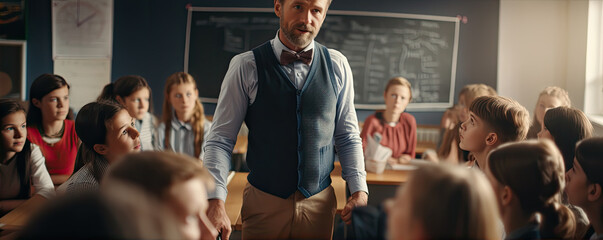 Male teacher is teaching pupils in the classroom - obrazy, fototapety, plakaty