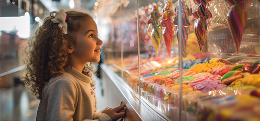 Children choose sweets in the candy shop. - obrazy, fototapety, plakaty