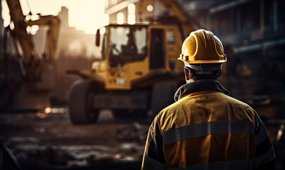 A construction worker in a reflective jacket with a safety helmet looks into the distance at a construction site with excavator in background