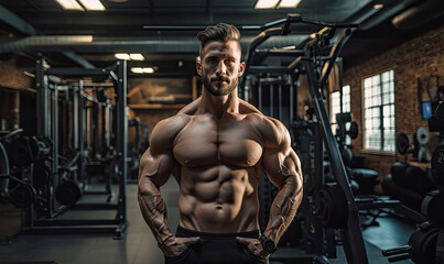 Fototapeta na wymiar Handsome young muscle man bodybuilder posing between sets during workout in the gym.