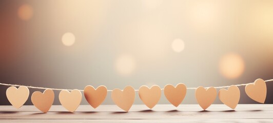 Wooden hearts hanging on rope against bokeh background. Valentines day concept - obrazy, fototapety, plakaty