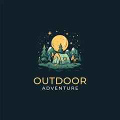 camp tent logo on black background. Vector illustration for tshirt, website, print, clip art and poster