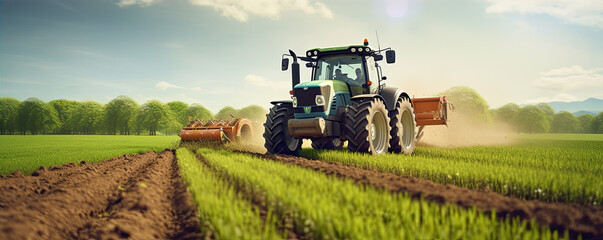 Obraz premium The tractor works the soil in the field with amazing background