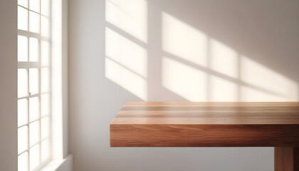 Minimal empty wooden table with sunlight