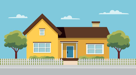 Exterior of the residential house, front view. Modern house on a street in summer in flat style. House for sale. Vector stock - obrazy, fototapety, plakaty