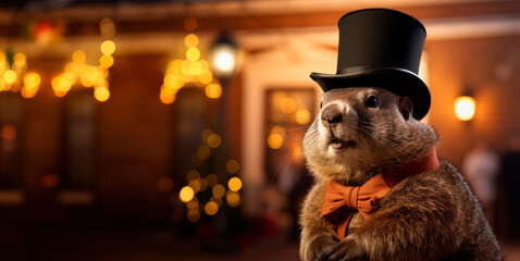 A humorous photo for Groundhog Day. A groundhog in a top hat stands against the background of a night city. - obrazy, fototapety, plakaty
