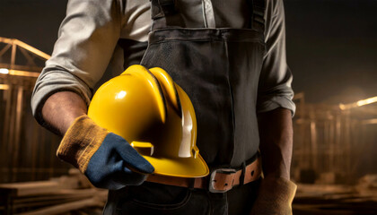 Close-up of a construction worker with protective work gloves holding his dirty orange safety helmet on a dark background. Generative Ai.