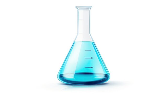 Blue Chemical Solution in Laboratory Flask on White Background. Science and Research Concept.