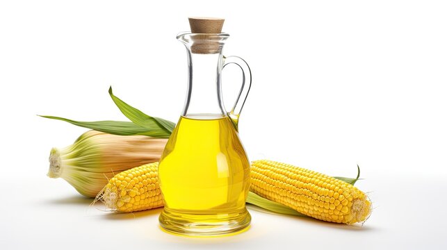 A bottle of corn oil or maize oil and corn ears isolated in white background