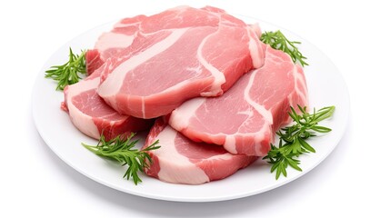 Raw pork meat slices piled on a plate, isolated on white background