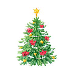 Hand painted fir. Christmas tree with Poinsettias, stars, christmas tree beads and gold stars