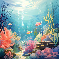 coral reef with fishes, tropical sea, Generative AI