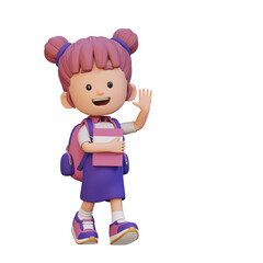 Fototapeta premium 3D happy girl character walking go to school holding book and waving hand